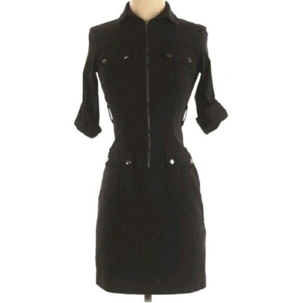 Sharagano Safari Utilitarian Stretch Shirt Dress Sz‎ 4P Black Zip Metal Accents